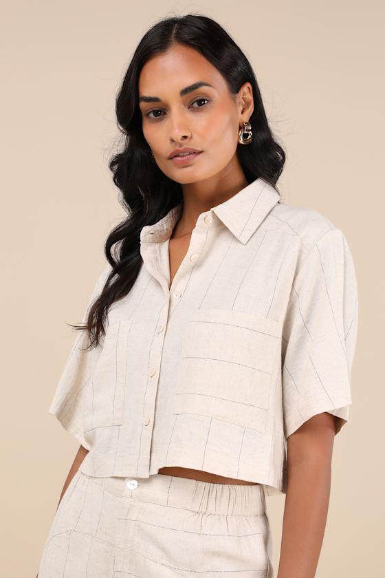 Enviably Breezy Beige Striped Linen Short Sleeve Button-Up Top product image