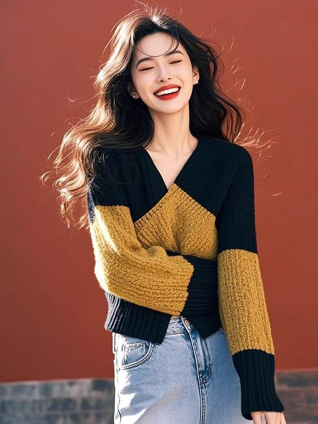 Long-Sleeve V-Neck Two Tone Knit Top Product Image