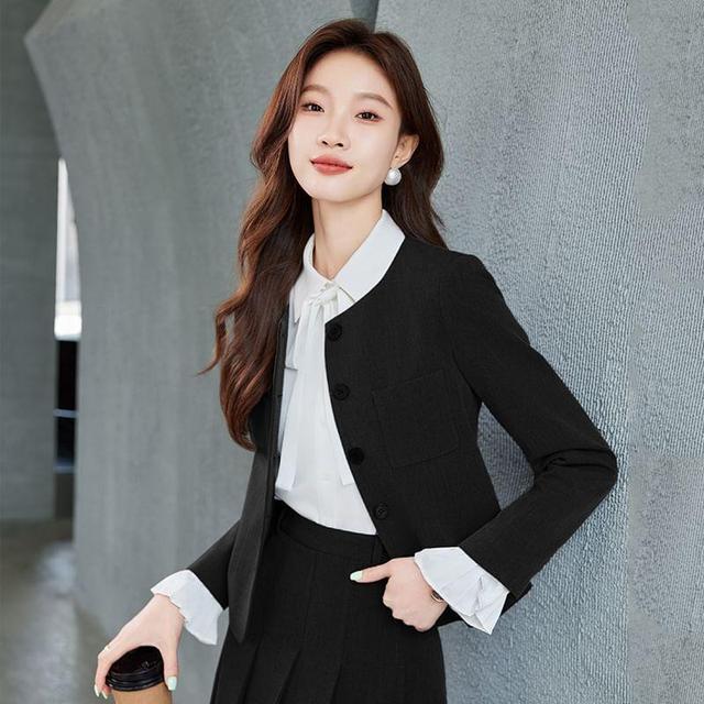 Collarless Plain Single-Breasted Blazer / Long-Sleeve Bow Shirt / High Waist Pleated Midi A-Line Skirt Product Image