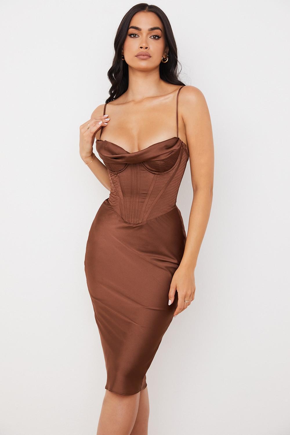 Myrna Chocolate Satin Corset Slip Dress Product Image