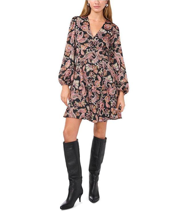 1. STATE Paisley V-Neck Long Sleeve Mini Dress Product Image