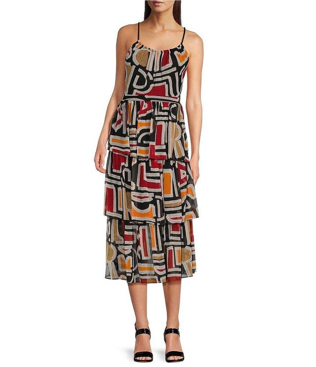 KARL LAGERFELD PARIS Geometric Print Chiffon Scoop Neck Sleeveless Tiered Midi Dress Product Image