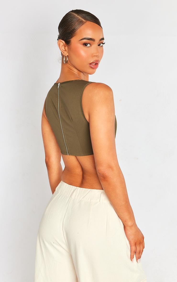 Dark Khaki Stretch Woven Boned Corset Crop Top Product Image