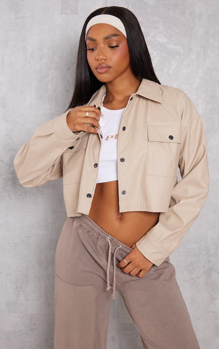 Stone Basic Patch Pocket Front Cropped Faux Leather Jacket Product Image