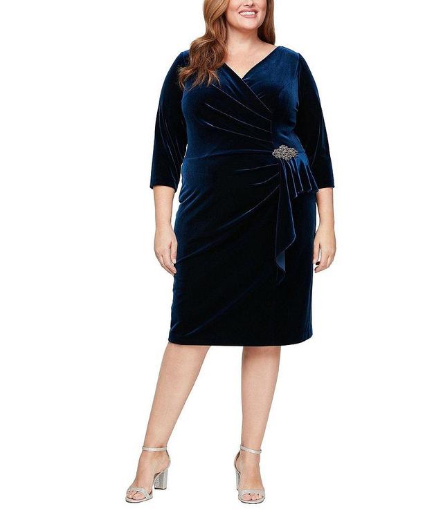 Alex Evenings Plus Size Stretch Velvet Surplice V-Neck 3/4 Sleeve Embellished Ruffle Cascade Sheath Dress Product Image