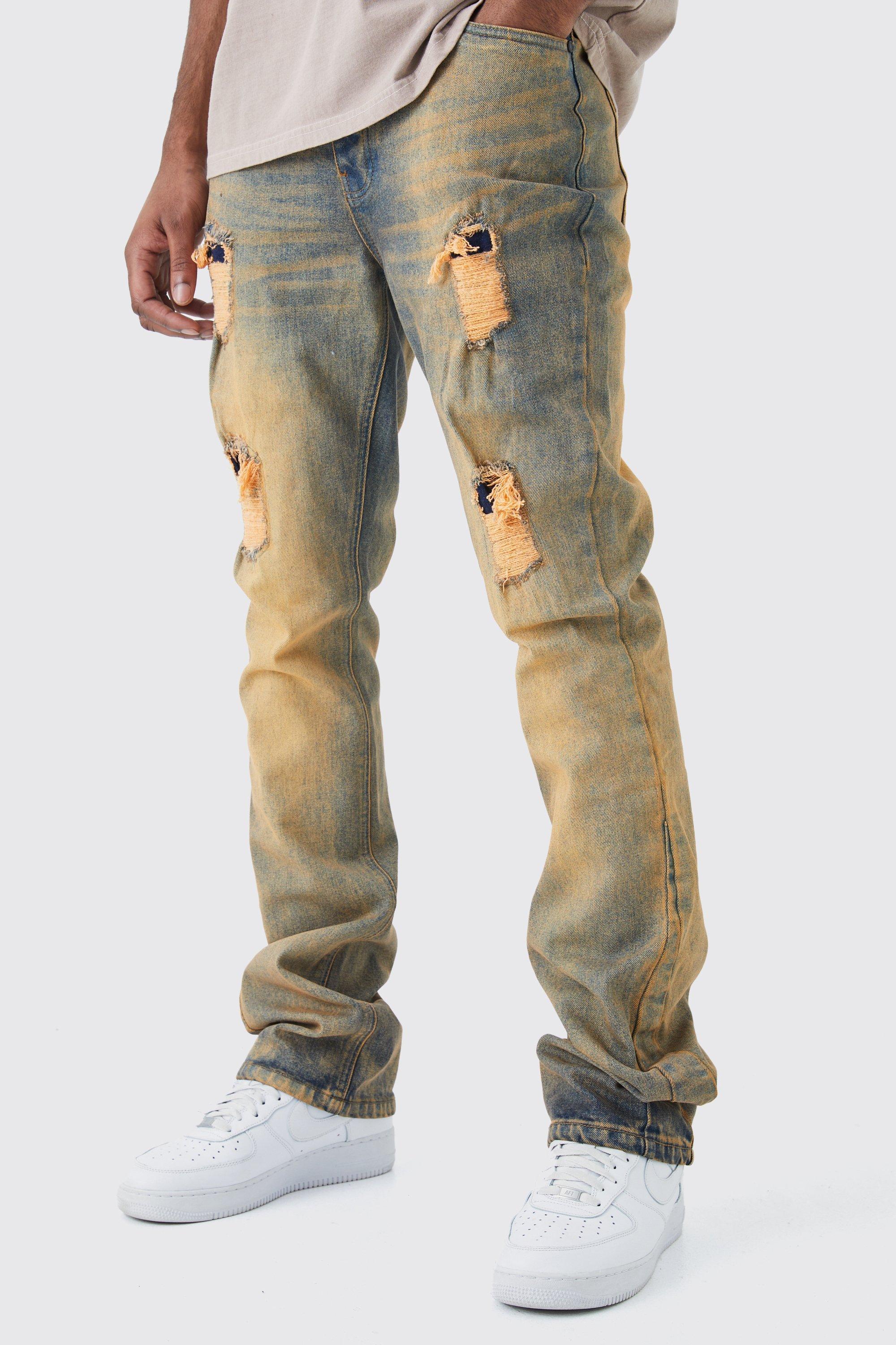 Tall Slim Flare Stretch Multi Rip & Repair Jean | boohooMAN USA Product Image