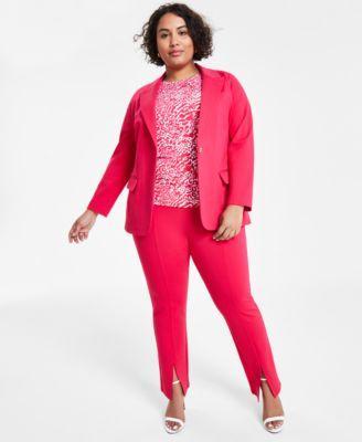 Plus Size Knit One-Button Blazer, Printed Petal-Sleeve Top & Split-Hem Pants Product Image