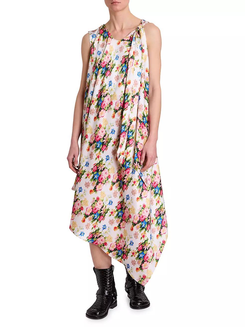 Asymmetric Floral Silk Midi-Dress Product Image