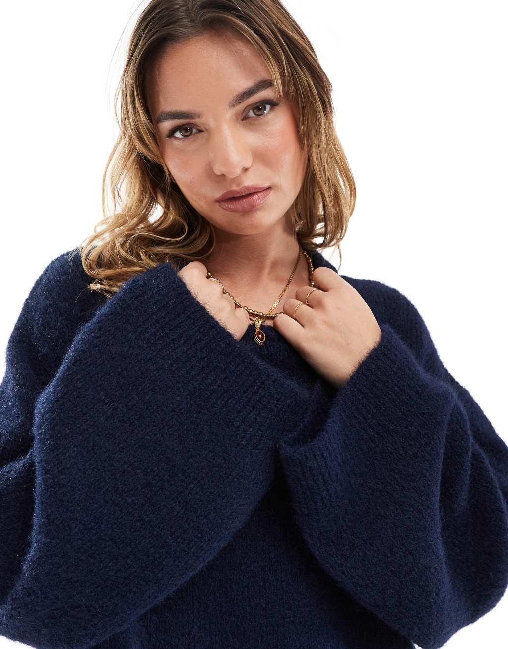 ASOS DESIGN fluffy wool mix wide sleeve oversized sweater in navy Product Image