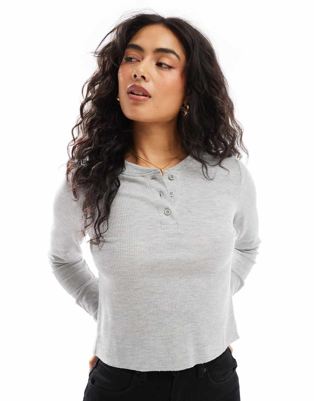 ASOS DESIGN long sleeve henley t-shirt in waffle in gray heather Product Image