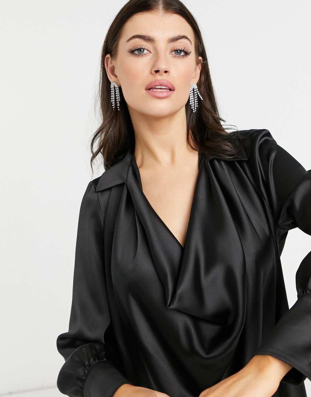 River Island long sleeve cowl neck mini shirt dress in black Product Image