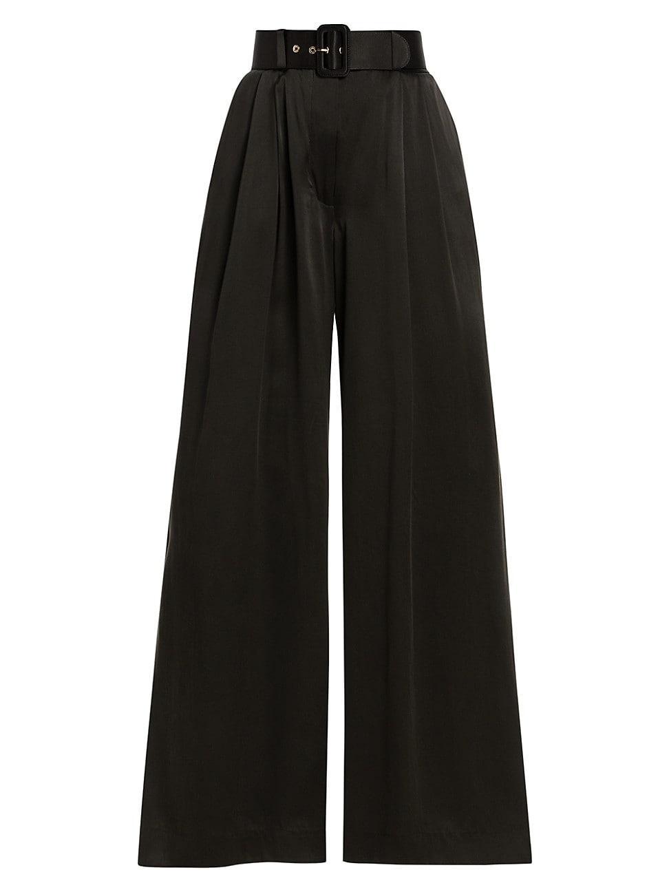 Womens Belted Pleated Wide-Leg Silk Pants product image