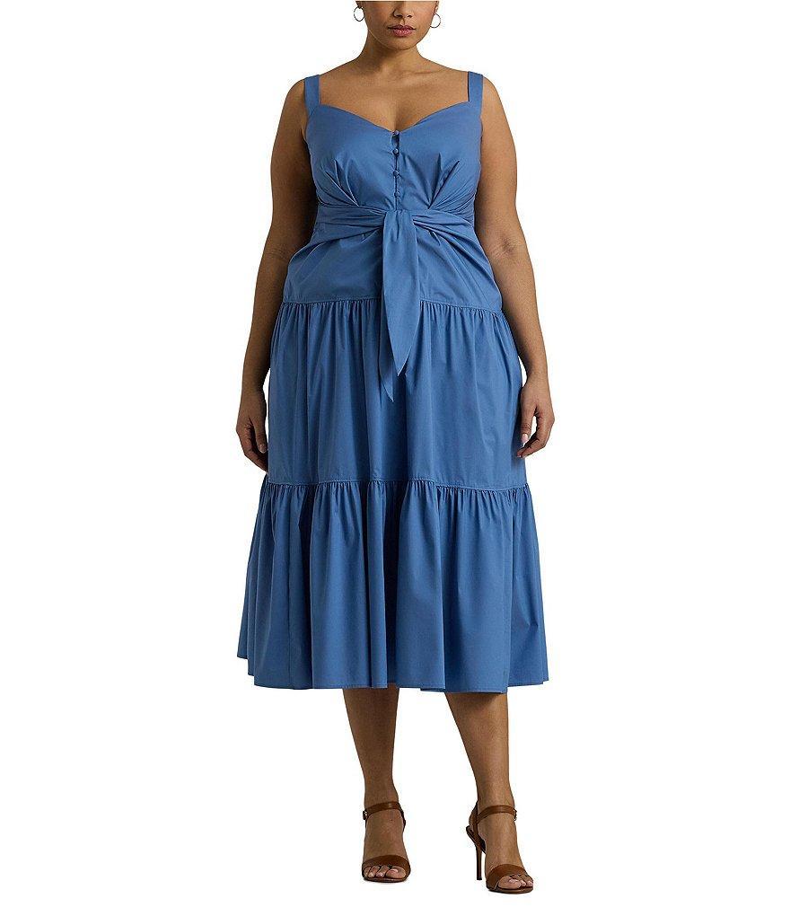 Ralph Lauren Plus Size Sleeveless V-Neck Tie waist button Front Midi Dress product image