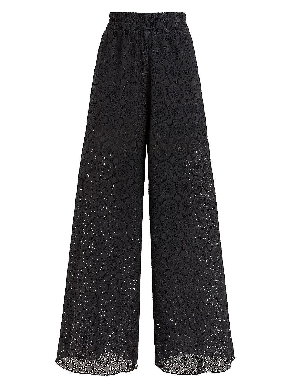 Womens Broderie Anglaise Cotton Wide-Leg Trousers Product Image