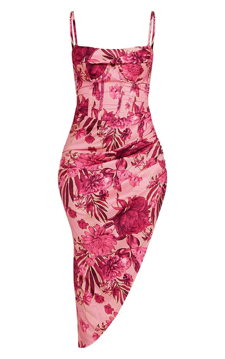 Pink Abstract Floral Print Corset Style Asymmetric Hem Midi Dress Product Image