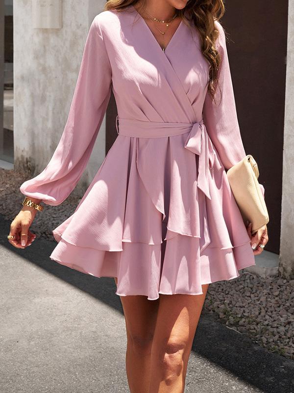 A-Line High Waisted Ruffled Solid Color Tied Waist V-Neck Mini Dresses Product Image