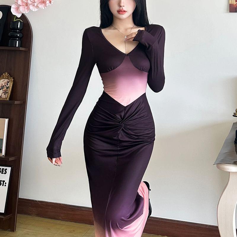 Long Sleeve V-Neck Gradient Ruched Maxi Sheath Dress Product Image