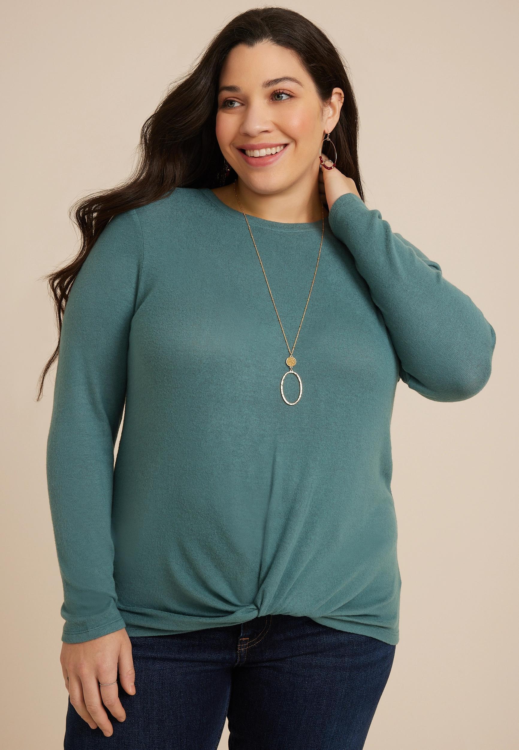 Maurices 4X Plus Size Womens 24/7 Austin Knot Hem Long Sleeve Tee Green Product Image