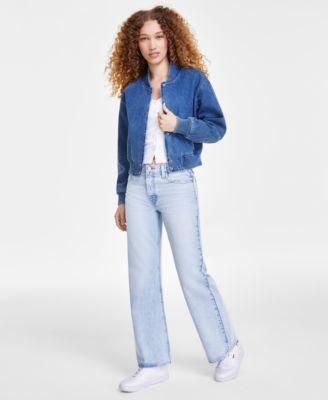 Women's Muse Ribbed Long-Sleeve Button-Up Top, Denim Bomber Jacket & '94 Cotton Baggy-Fit Bootcut Jeans Product Image