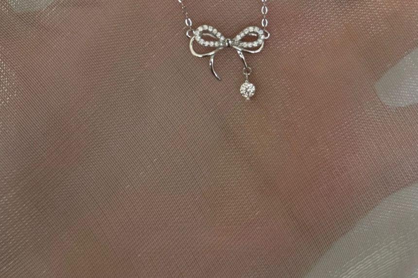 Bow Rhinestone Pendant Sterling Silver Necklace Product Image