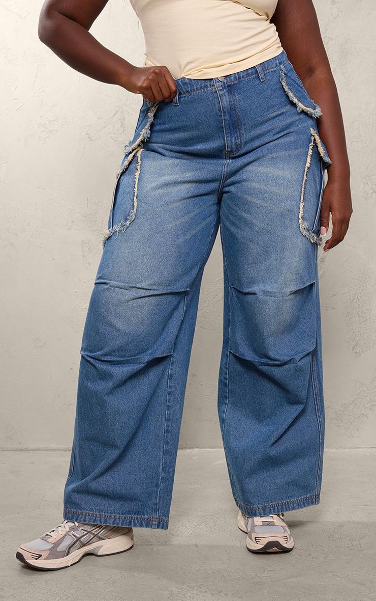 Plus Indigo Blue Wash Frayed Pocket Detail Wide Cargo Leg Jeans Product Image