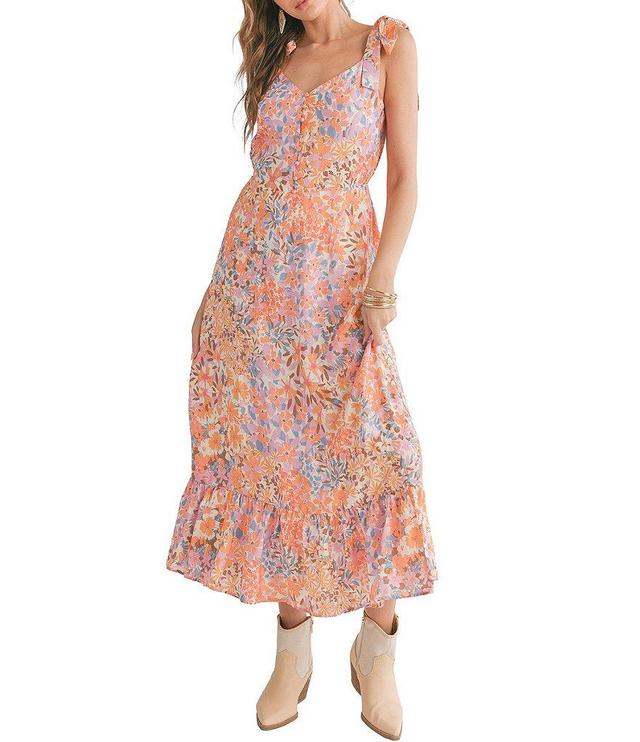 Sadie & Sage Moonscape Woven V-Neck Tie Strap Button Front A-Line Tiered Midi Dress Product Image