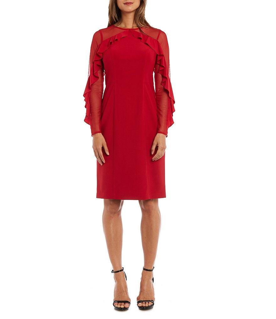 R & M Richards Crew Neck Mesh Sleeve Ruffle Detail Knee Length Dress Product Image