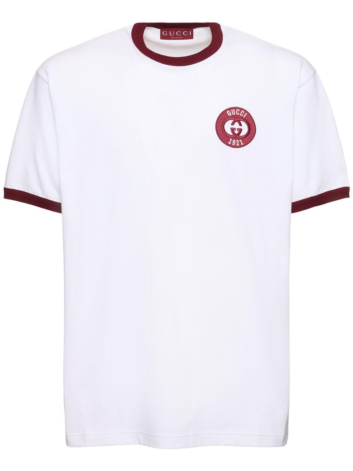 GUCCI Patch Cotton Jersey T-shirt In White/bordeaux Product Image