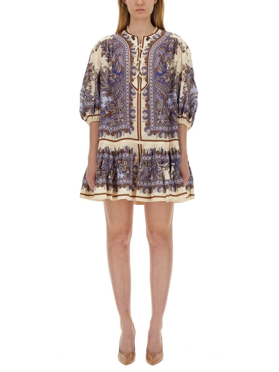 ZIMMERMANN Ottie Paisley Lace-up Linen Minidress In Purple Paisley Product Image