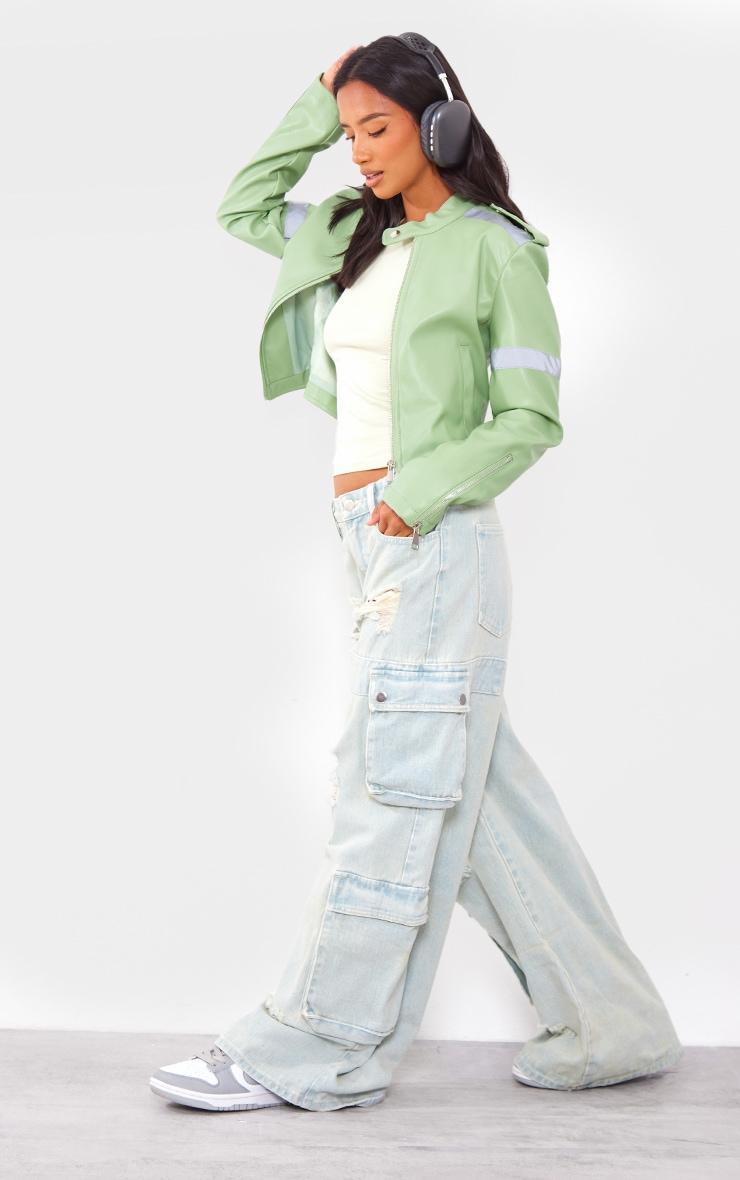 Petite Sage Green Cropped PU Racer Jacket Product Image