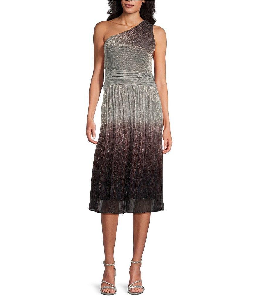 Ignite Evenings Sleeveless One Shoulder Ombre Metallic Sheath Dress Product Image