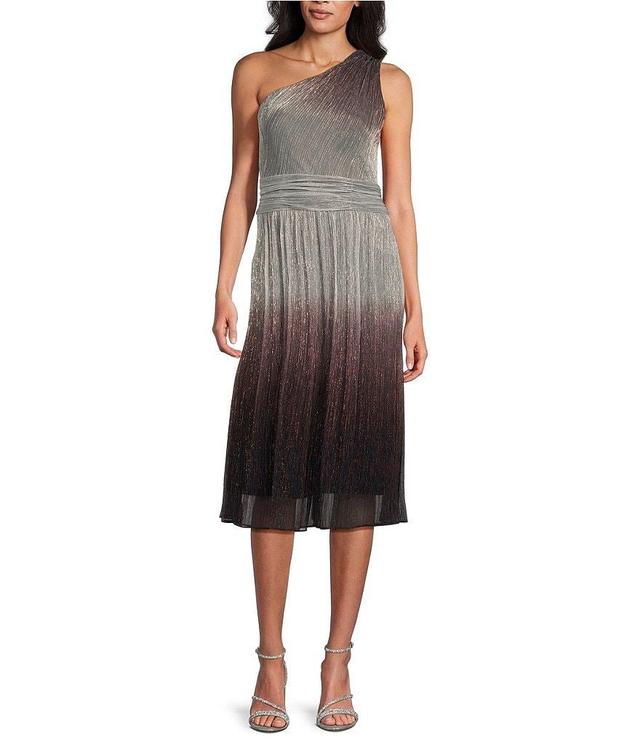 Ignite Evenings Sleeveless One Shoulder Ombre Metallic Sheath Dress Product Image