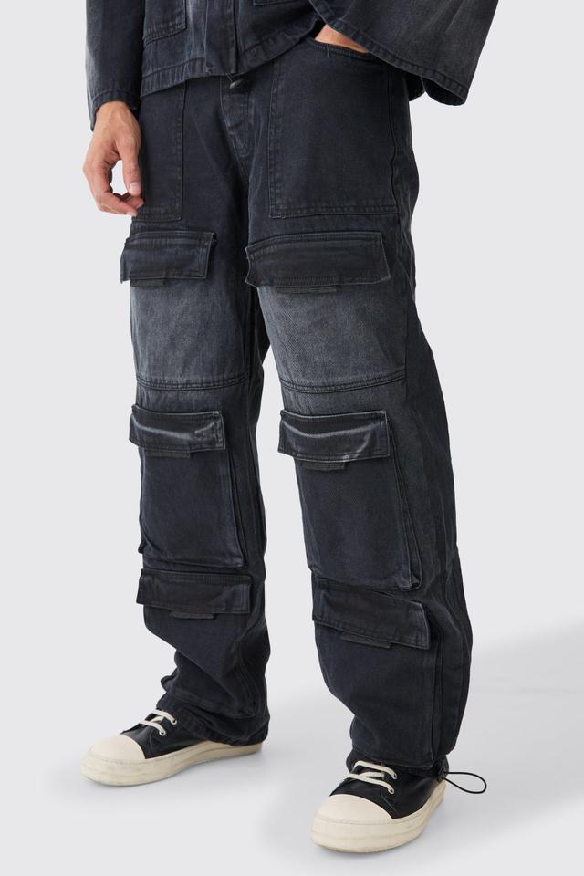 Mens Black Baggy Rigid Multi Pocket Cargo Jeans, Black Product Image