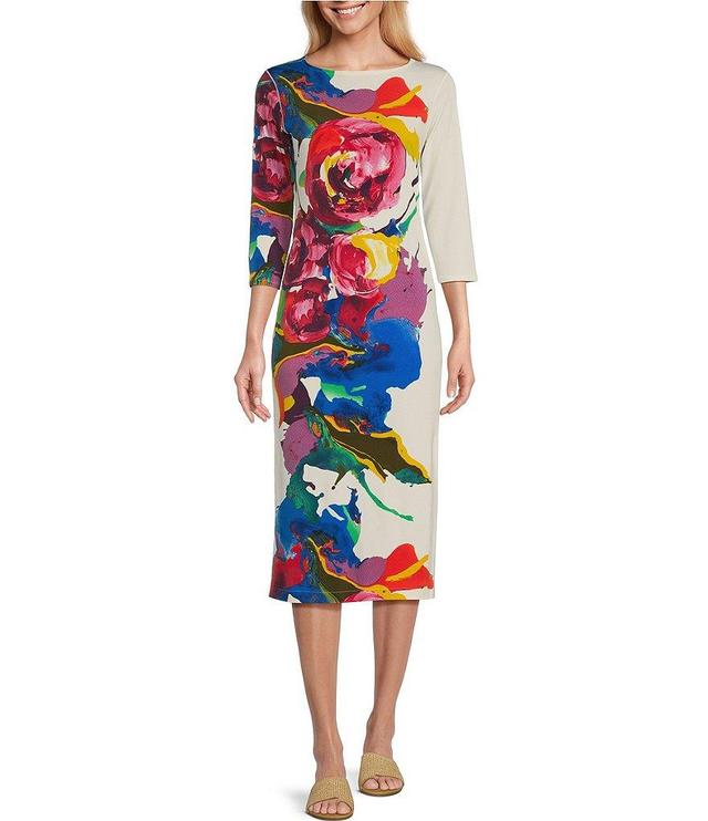 Eva Varro Knit Jersey Watercolor Floral Placement Print Round Neck 3/4 Sleeve Side Slit Midi Sheath Dress Product Image