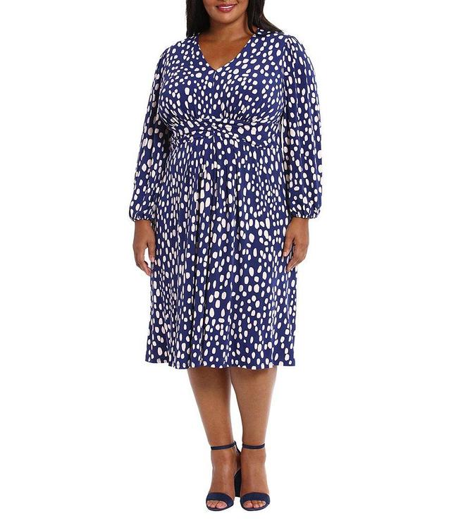 London Times Plus Size Long Sleeve V-Neck Printed Center Front Ruched Dress Product Image