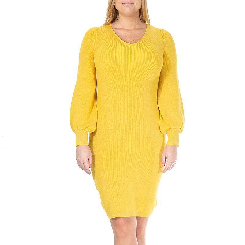 Womens Nina Leonard Balloon-Sleeve Sheath Sweater Dress Yellow product image