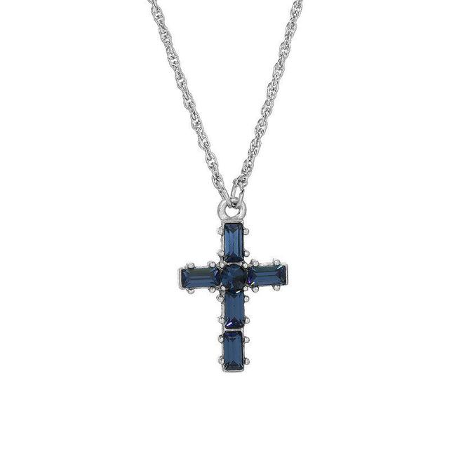 Symbols of Faith Silver-Tone Crystal Cross Necklace, Womens, Blue Product Image