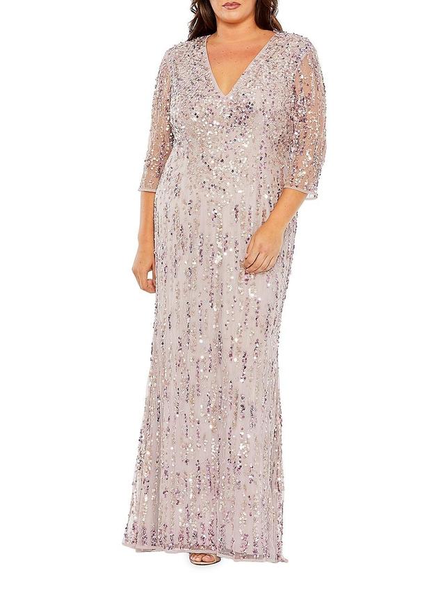 Womens Plus Size V-Neck Mesh-Sleeved Sequin Gown Product Image