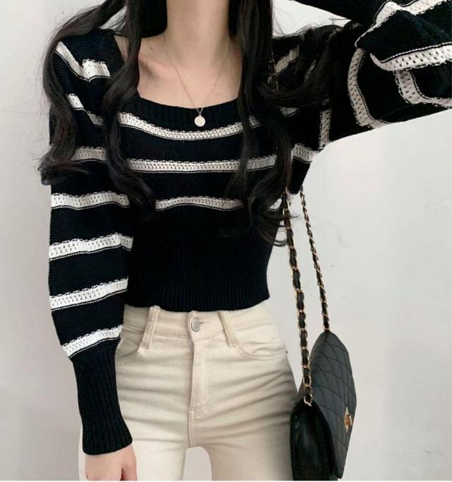 Square Neck Striped Crop Sweater Product Image