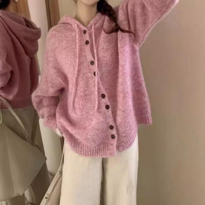 Plain Hooded Cardigan Product Image