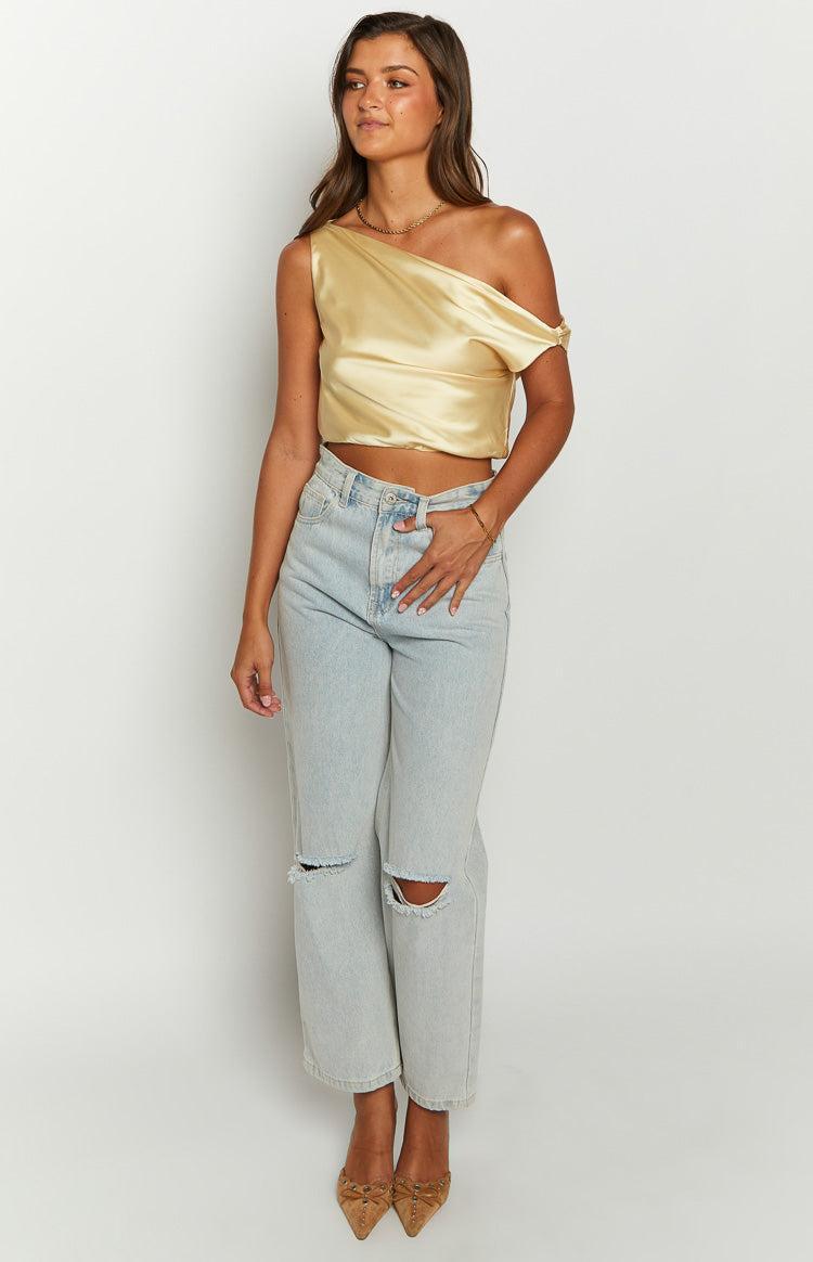 Scotlyn Yellow Satin Off The Shoulder Crop Top Product Image