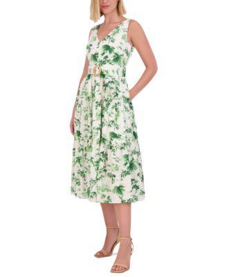 Petite Printed V-Neck Belted Cotton Midi Dress Product Image