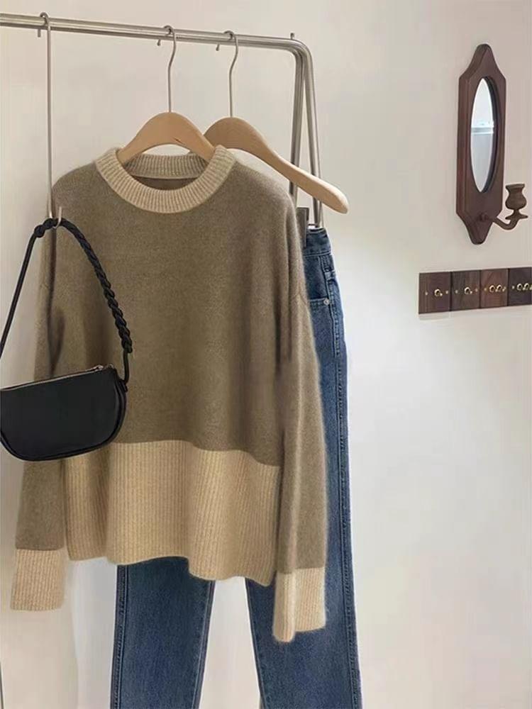 Round Neck Two Tone Sweater Product Image