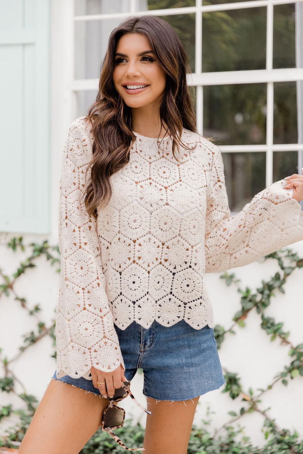 Taking The Leap Beige Crochet Crew Neck Sweater FINAL SALE Product Image