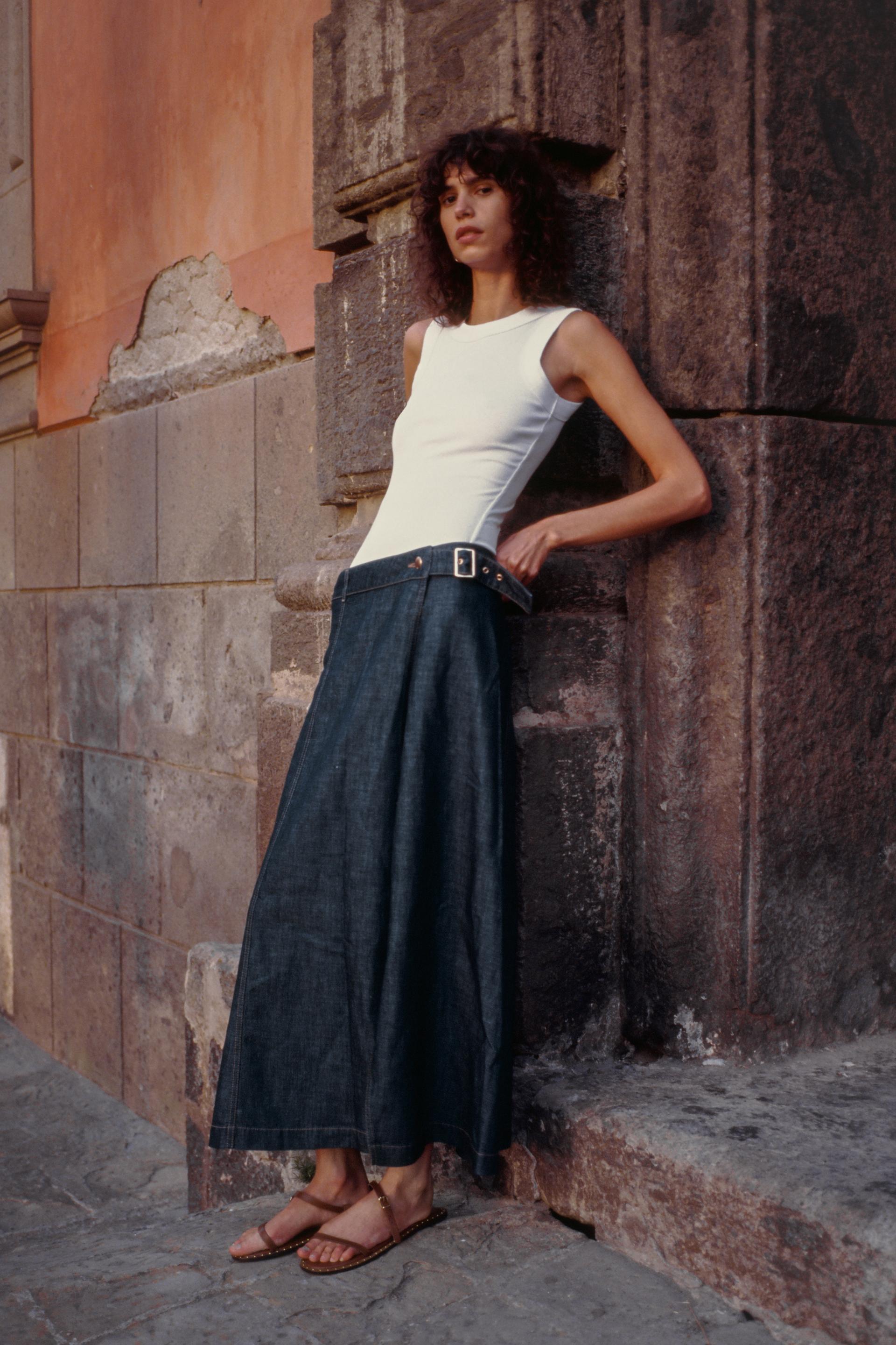 LINEN BLEND DENIM WRAP SKIRT Z1975 Product Image