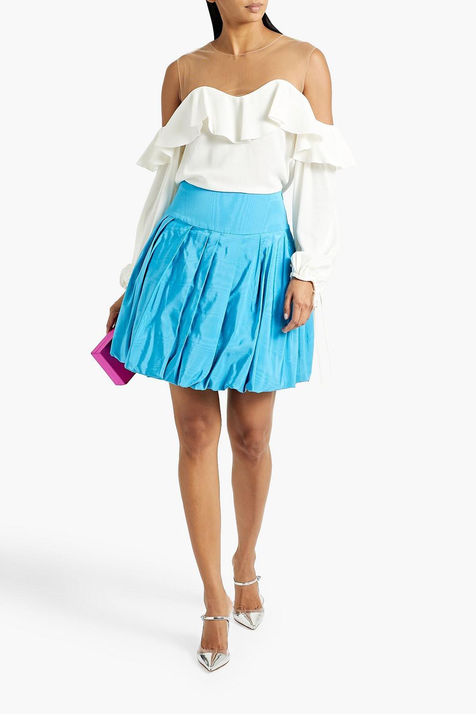 Pleated Cotton-blend Moire Mini Skirt In Turquoise Product Image