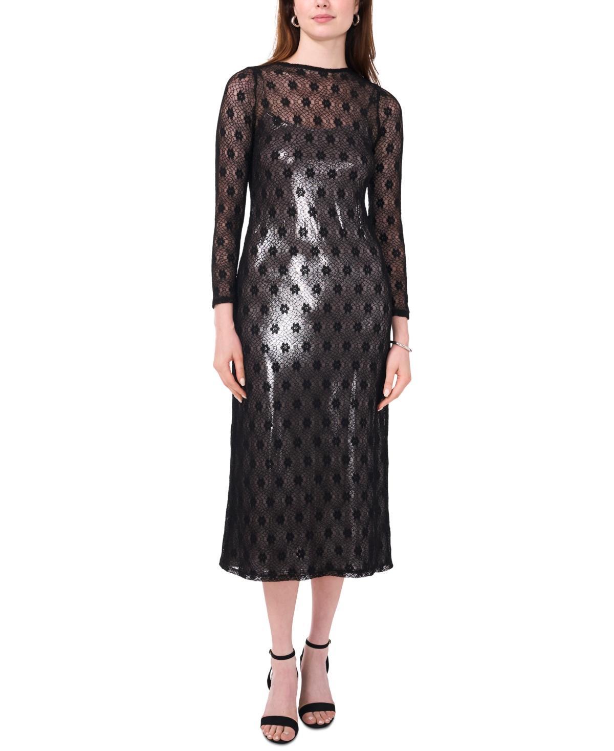 CeCe Womens Lace-Over-Metallic Long-Sleeve Midi Dress Product Image