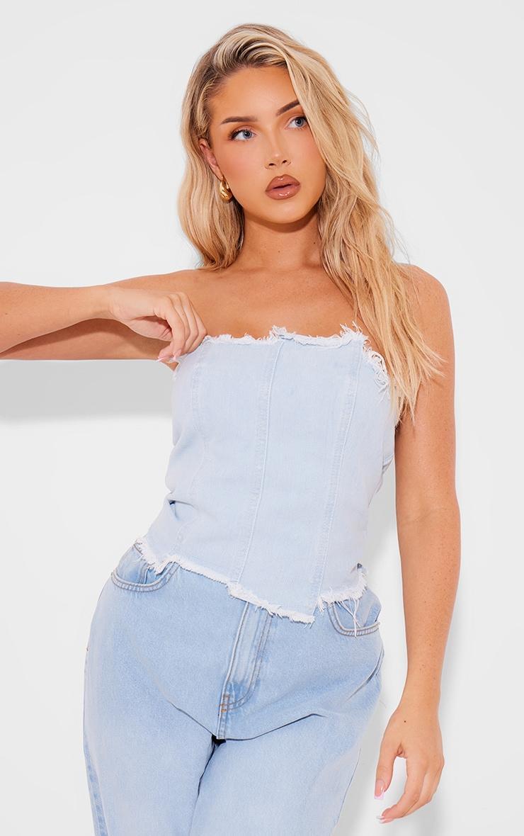 Light Blue Wash Seam Raw Hem Detail Denim Corset Top Product Image