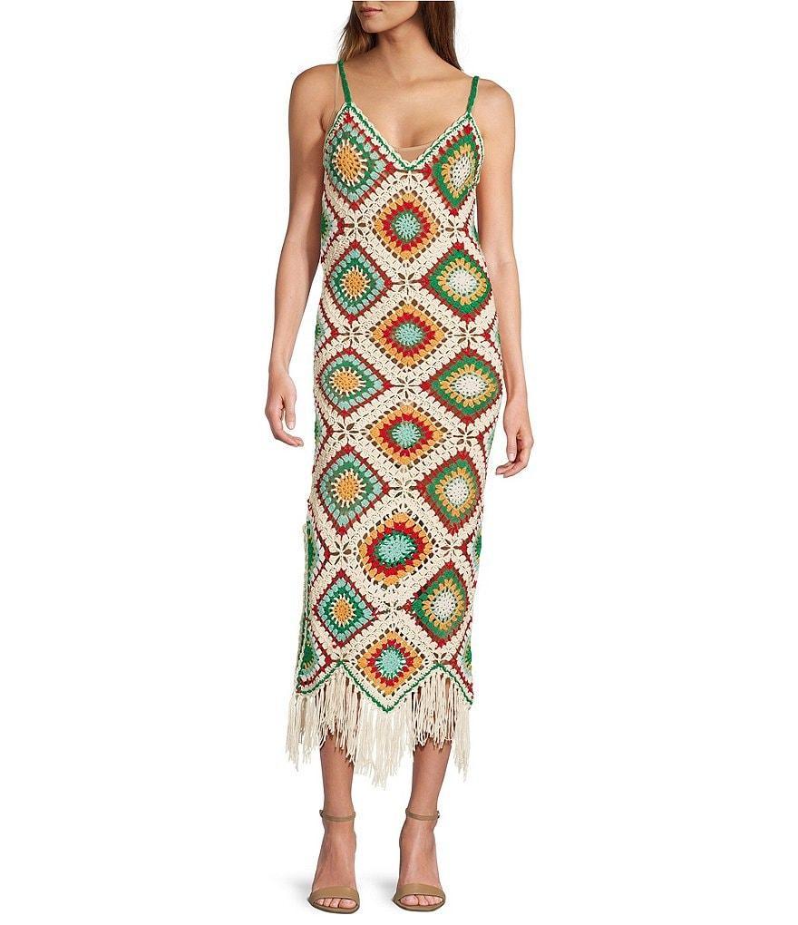 ELAN Geometric Square Print Sleeveless Spaghetti Strap V-Neck Crochet Sheath Maxi Dress Product Image