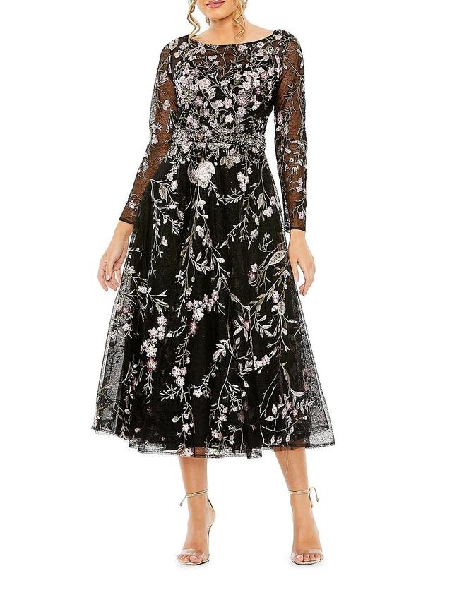 Womens Embroidered Floral Tulle Midi Dress Product Image